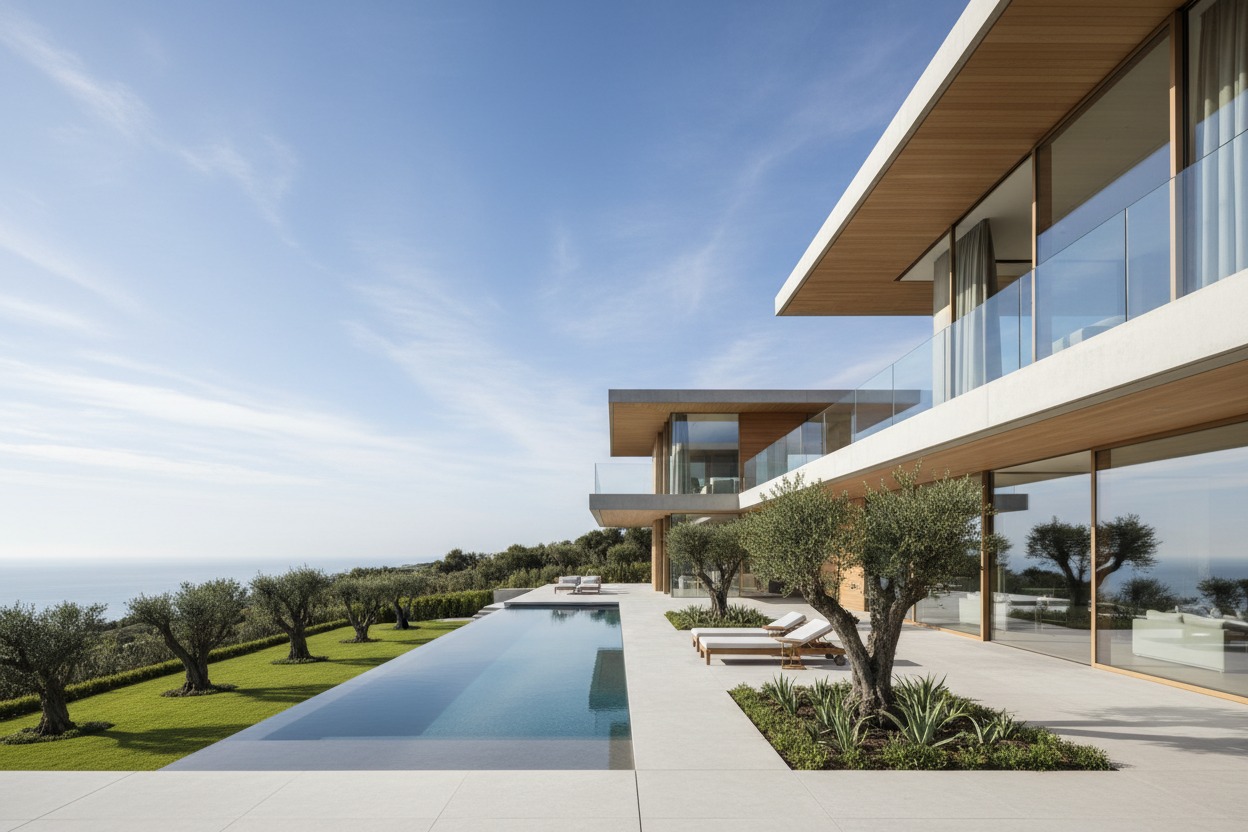 Villa moderna con piscina a sfioro, ulivi e vista panoramica sul mare.