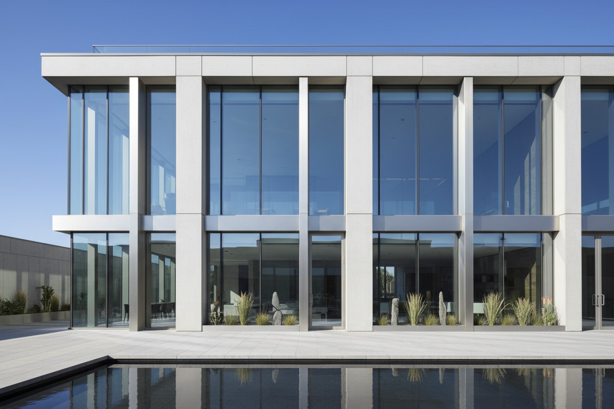 Facciata di un edificio moderno con ampie vetrate, pilastri in cemento e una piscina che riflette la struttura.