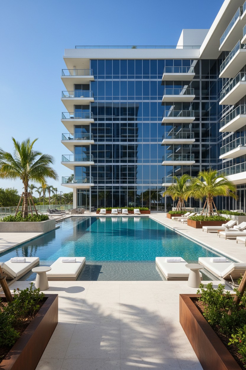 Piscina rettangolare circondata da lettini bianchi e palme davanti a un moderno edificio residenziale con facciata in vetro.
