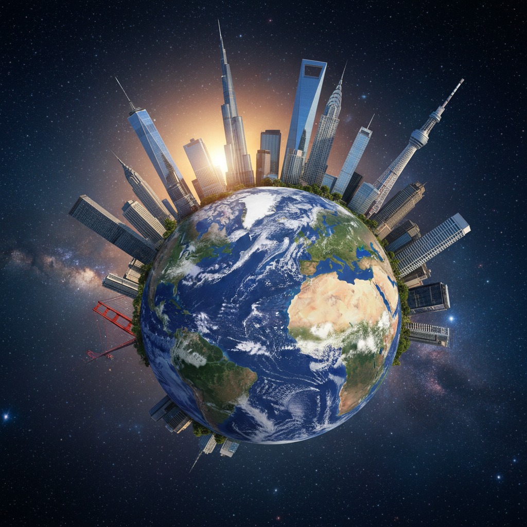 Il pianeta Terra circondato da grattacieli iconici e monumenti globali sospeso nello spazio stellato.