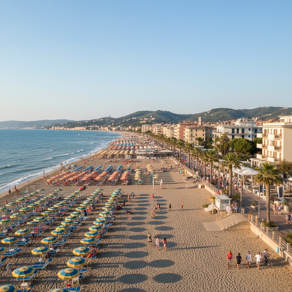 Veduta aerea di una spiaggia affollata con file di ombrelloni colorati, un lungomare alberato e le colline sullo sfondo.