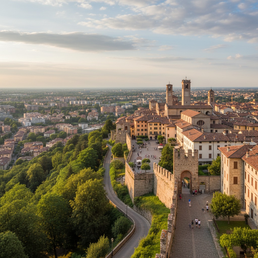 Veduta panoramica dall'alto di Bergamo Alta con le sue mura storiche, gli edifici medievali e la città bassa sullo sfondo durante il tramonto.