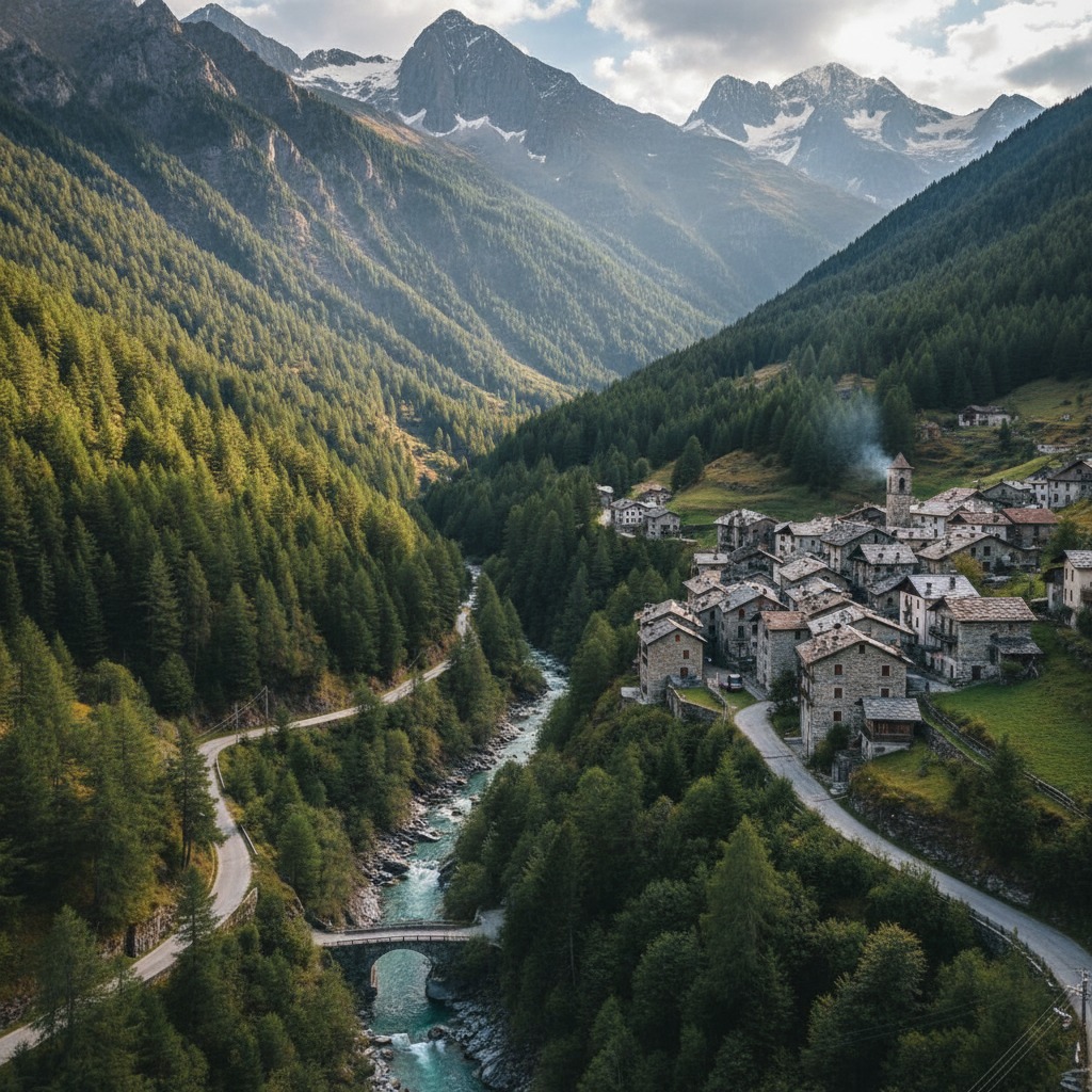 Veduta aerea di un antico borgo in pietra situato in una valle alpina, attraversata da un fiume e circondata da montagne innevate.