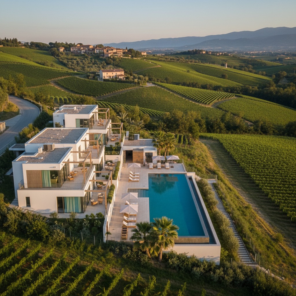 Veduta aerea di una moderna villa di lusso con piscina a sfioro immersa tra i vigneti della campagna toscana.