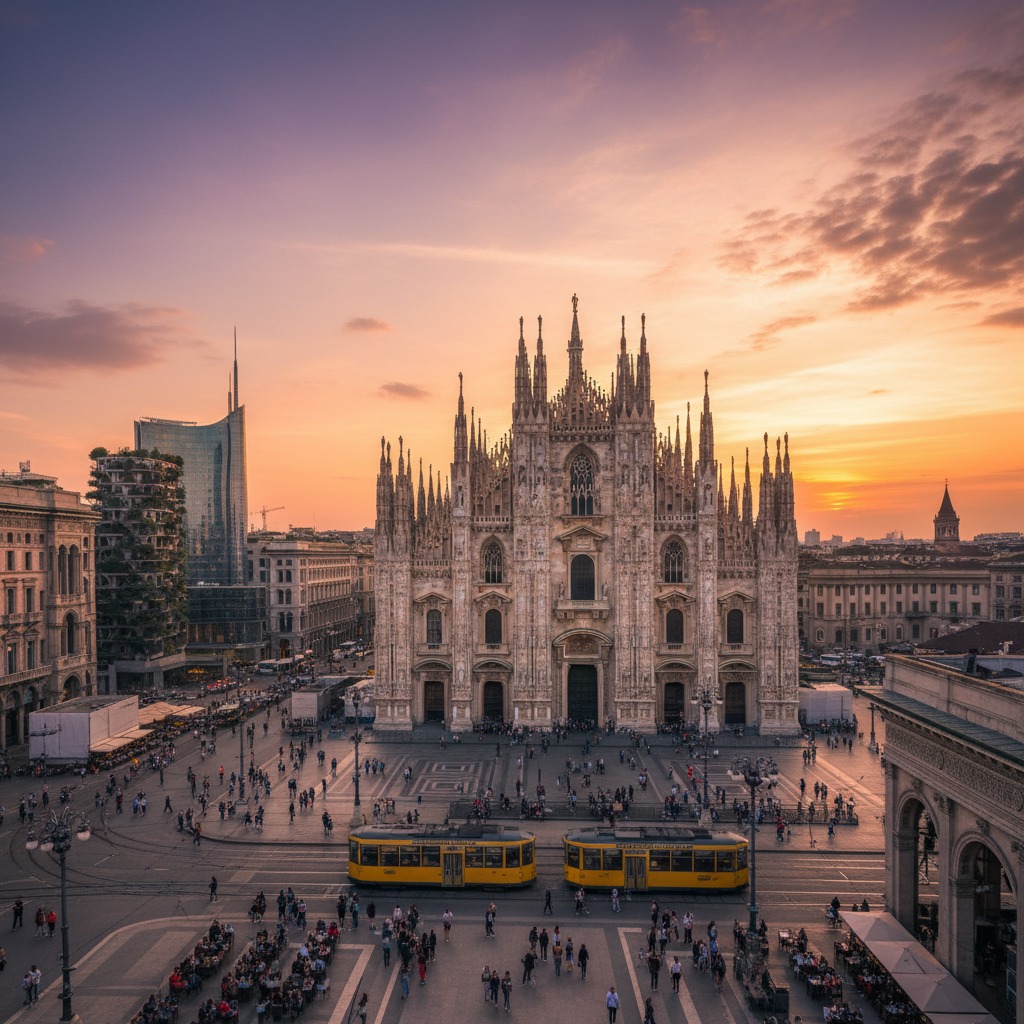 Veduta panoramica del Duomo di Milano al tramonto con i caratteristici tram gialli che attraversano la piazza affollata.
